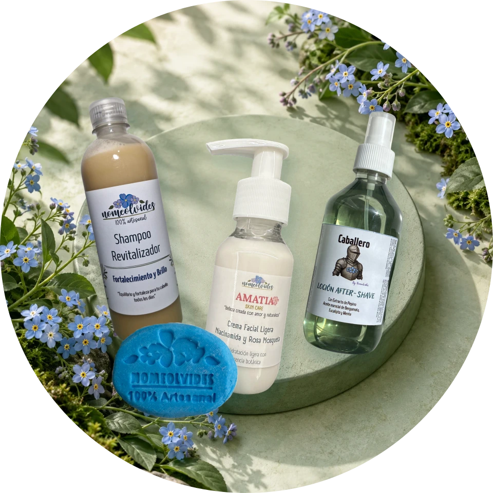 Shampoo, crema facial AMATIA, loción Caballero y shampoo sólido Nomeolvides entre flores de nomeolvides sobre un fondo verde botánico